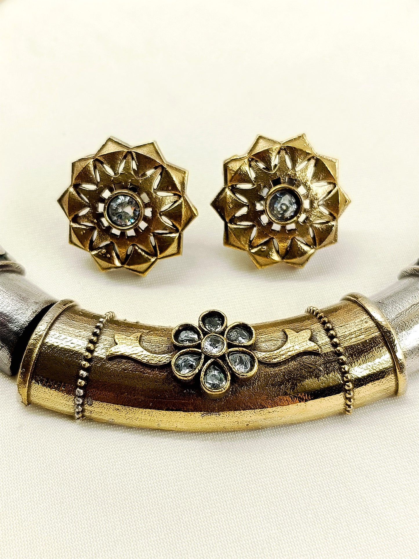 Saarika White Oxidized Hasli Styled Choker Set