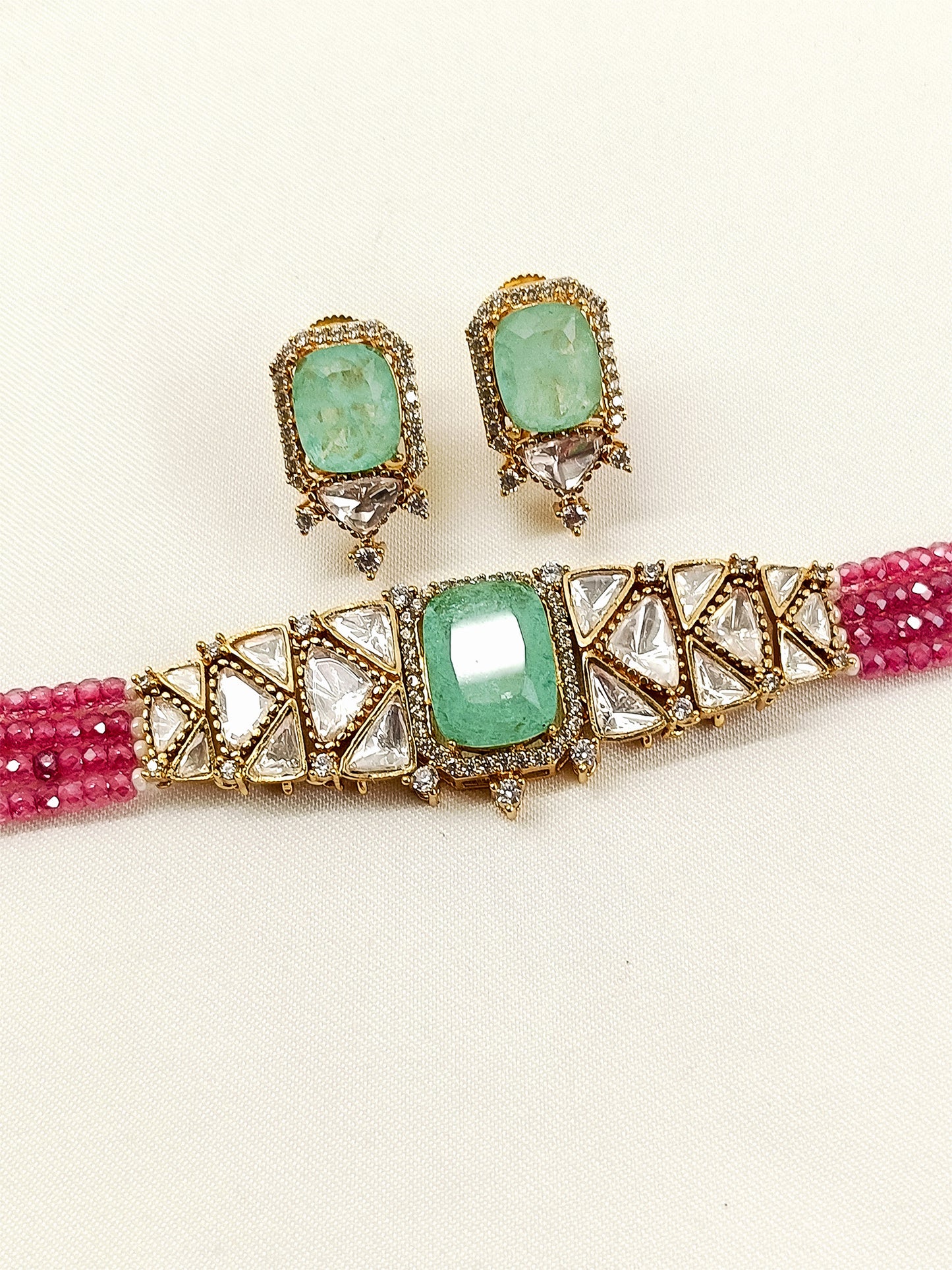 Naincy Mint Green & Pink Beaded Kundan Choker Set