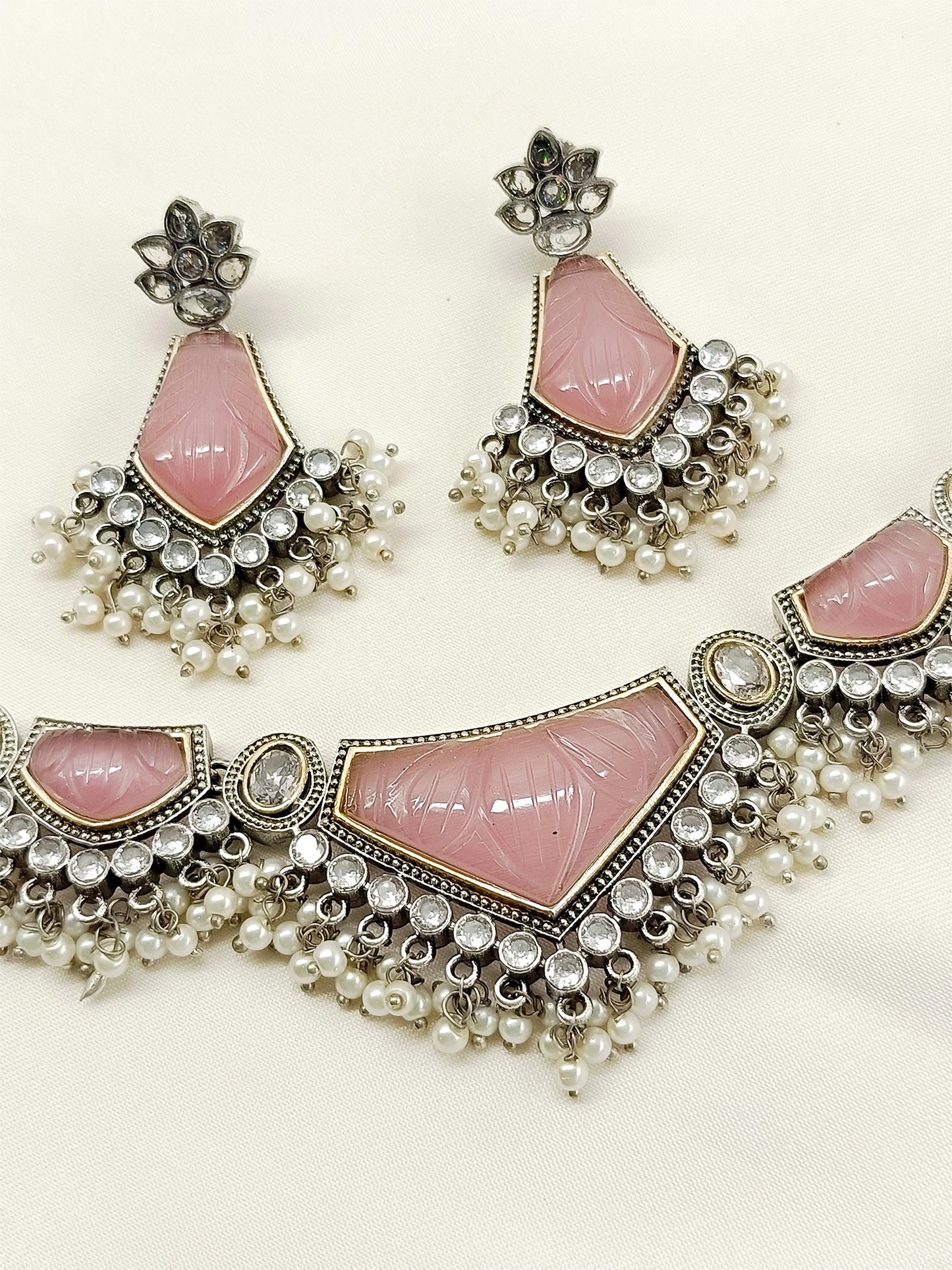 Lajvanti Baby Pink Oxidized Necklace Set