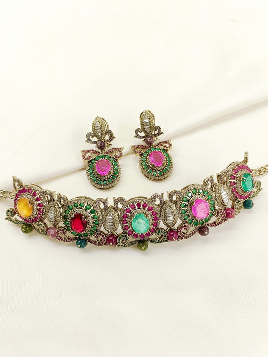 Nora Navratan Victorian Choker Necklace Set with Earrings