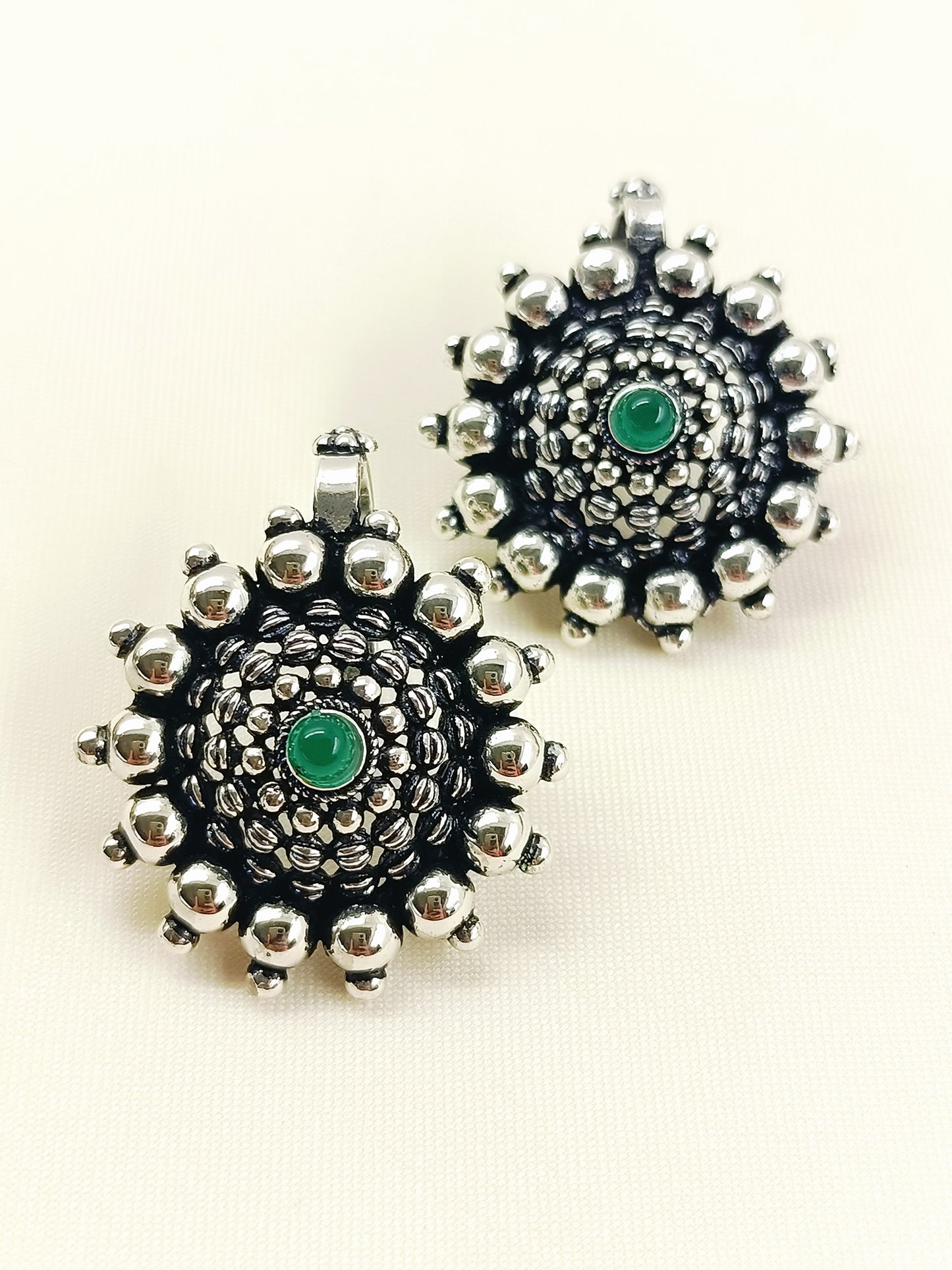 Tessa Oxidized Silver Sunburst Ear Cuff with Green Stone