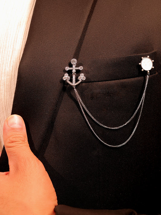 Avanya Silver Anchor & Wheel Brooch Pin With Chain