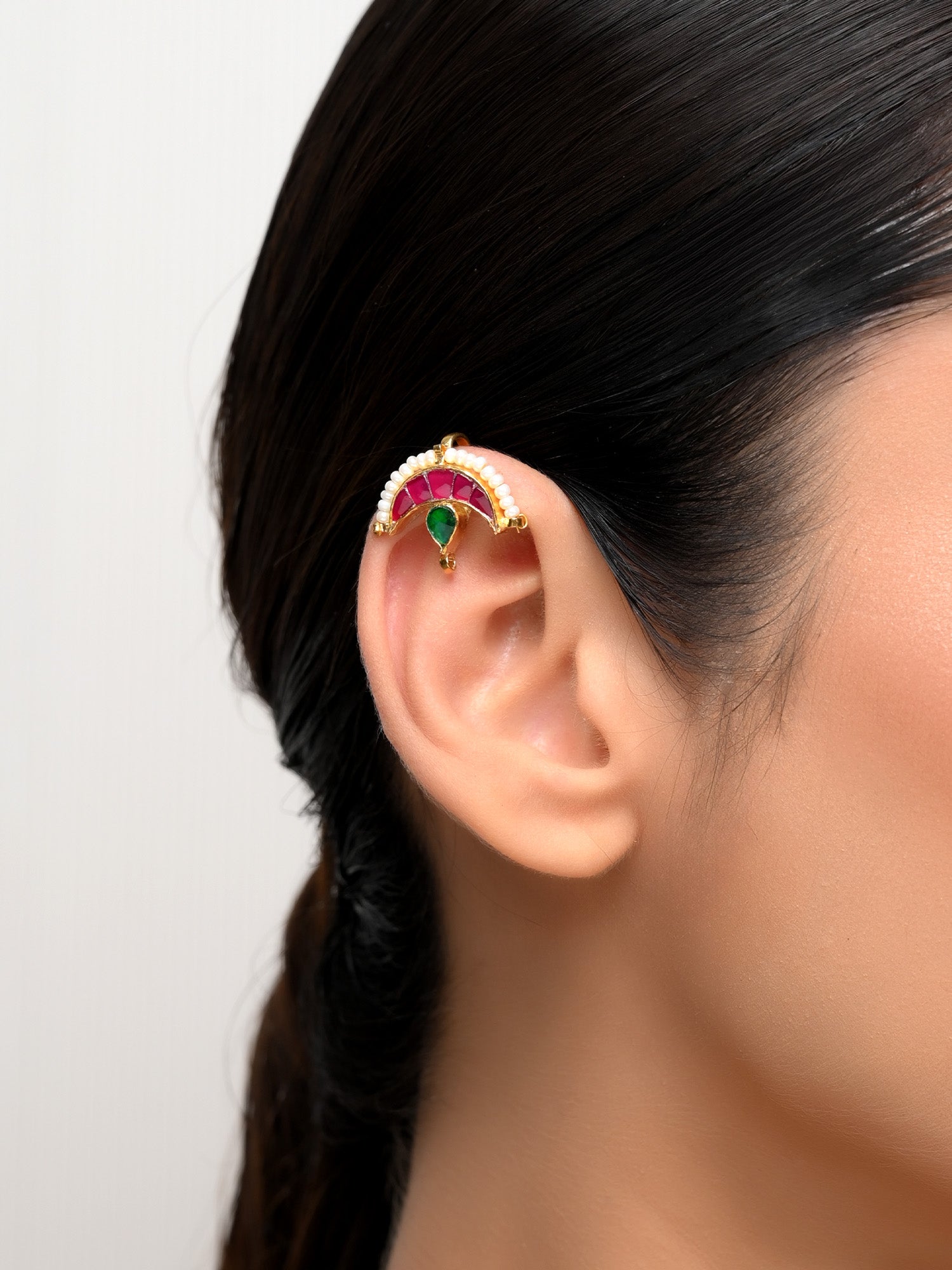 Narmada Medium Size Ruby Gold Plated Kundan Ear Cuff Price is