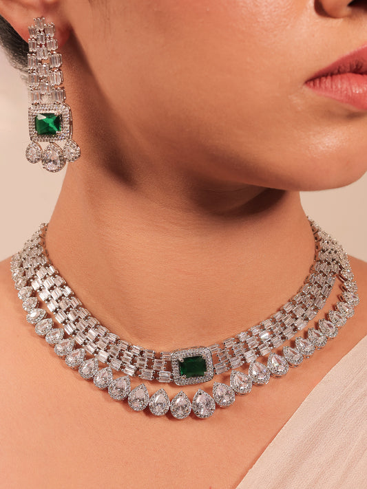Shya Green Double Layer American Diamond Necklace Set
