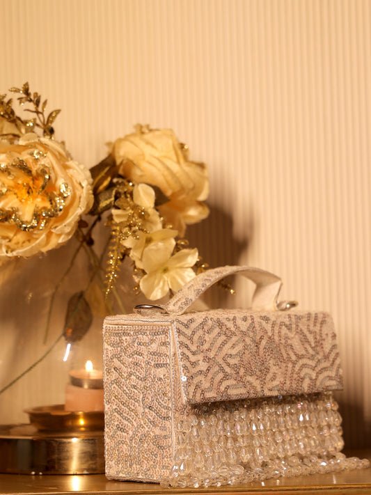 Aksha Silver White Sequence Box Style Clutch