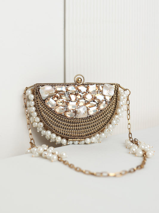 Abeela Chaand Half Moon Golden Mini Metal Clutch
