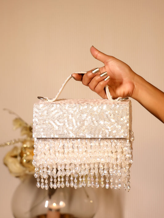 Aksha Silver White Sequence Box Style Clutch