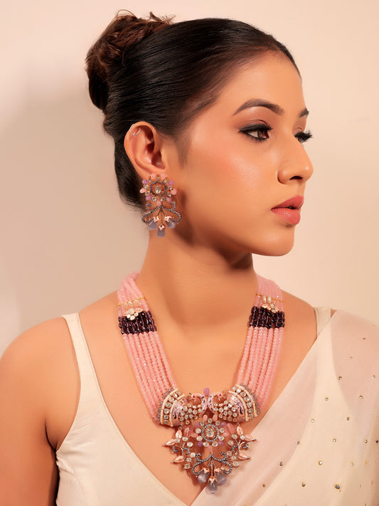 Madhurima Pink Peacock Kundan Necklace Set