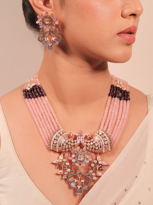 Madhurima Pink Peacock Kundan Necklace Set