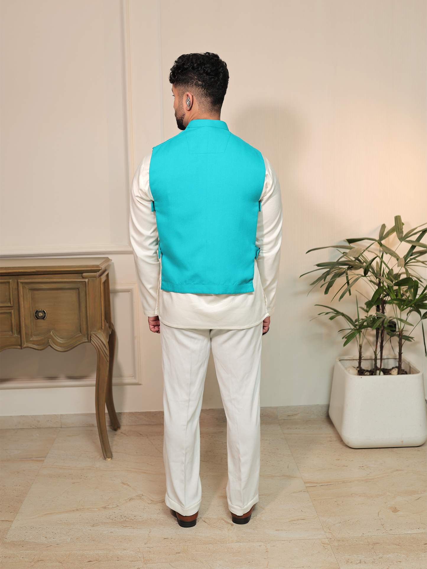 Panshul Garba Turquoise Swag Jacket Set.