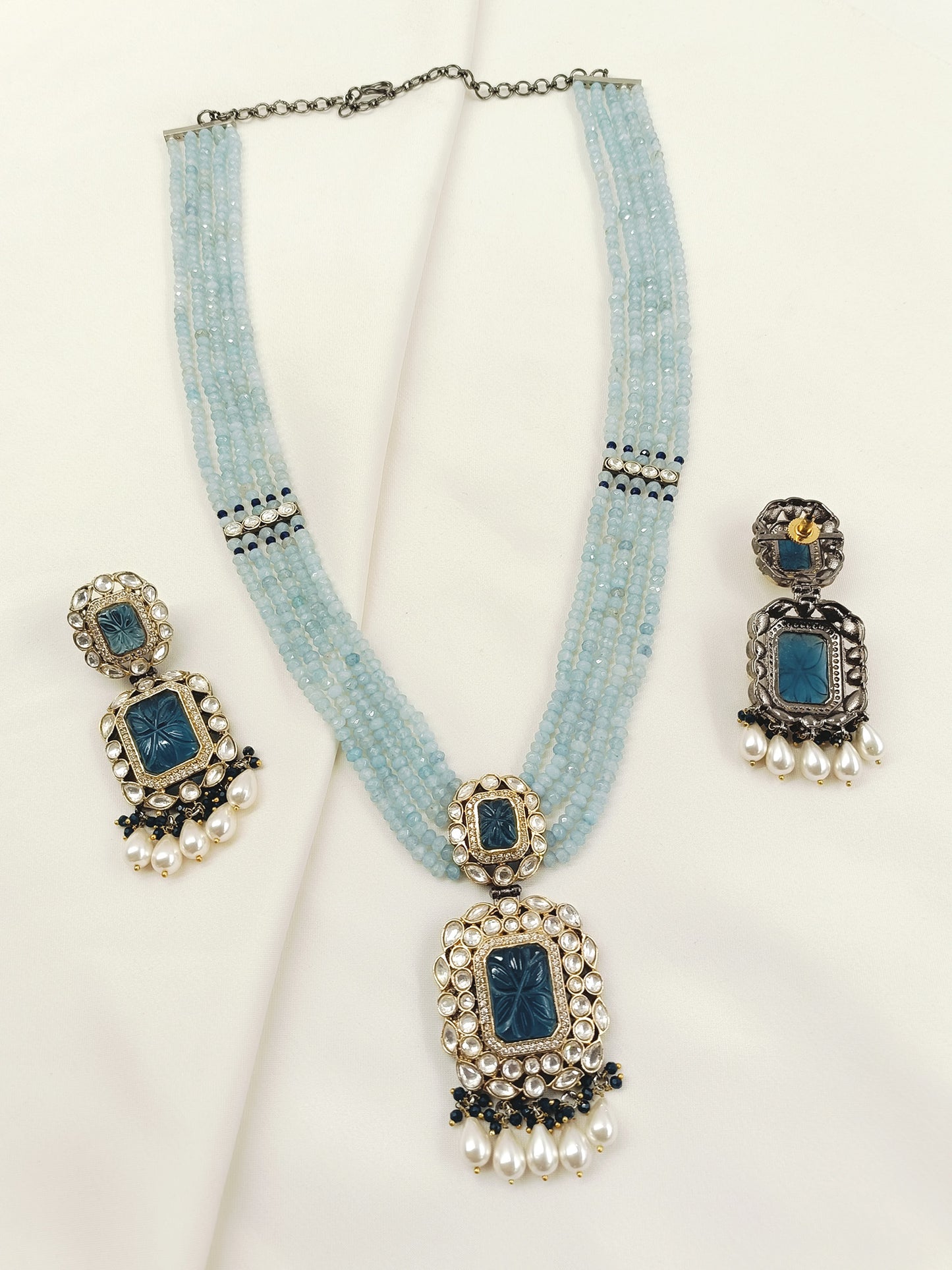 Rehemat Navy Blue Stone Gold & Rhodium Plated Victorian Set
