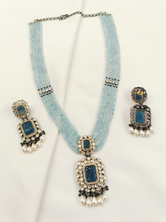 Rehemat Navy Blue Stone Gold & Rhodium Plated Victorian Set