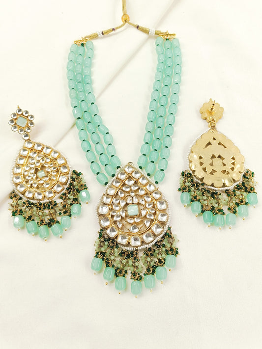 Afraah Mint Green Stone Gold Plated Pachi Kundan Pendant Set