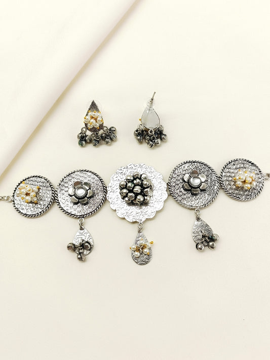 Dipali White Oxidized Choker Set