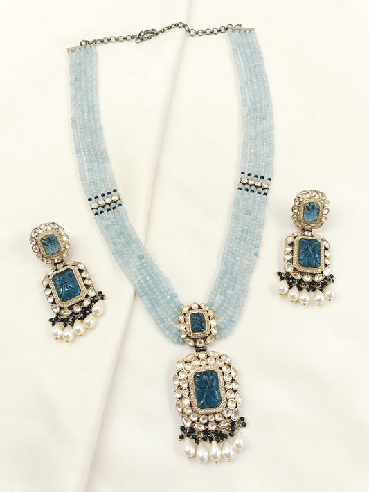 Rehemat Navy Blue Stone Gold & Rhodium Plated Victorian Set