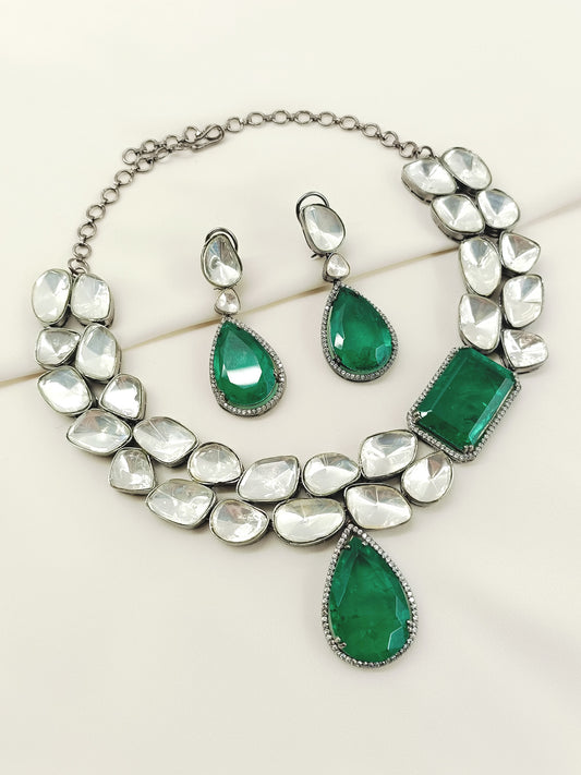 Aziya Double Layered Uncut Diamond Polki Long Set