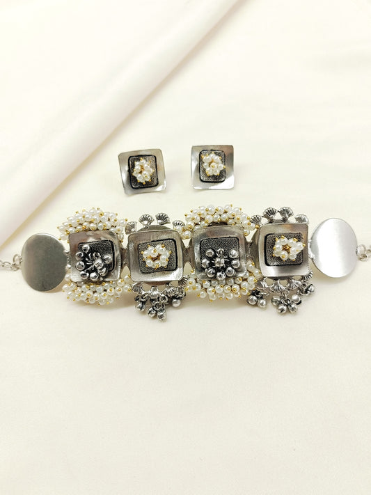 Ekantika White Pearl Oxidized Choker Set