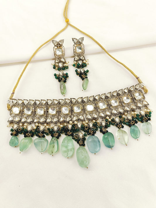 Bushra Mint Green Rhodium Plated Victorian Necklace Set