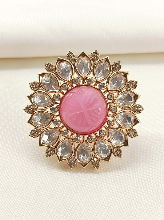 Binita Pink Stone Gold Plated Kundan Ring