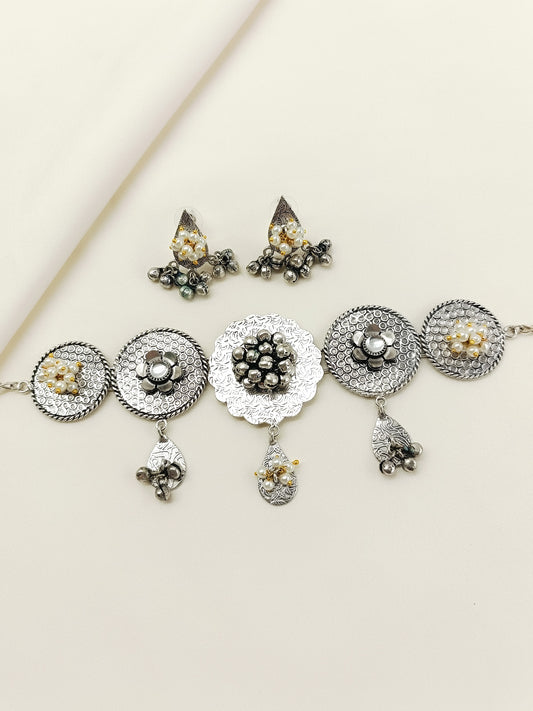 Dipali White Oxidized Choker Set