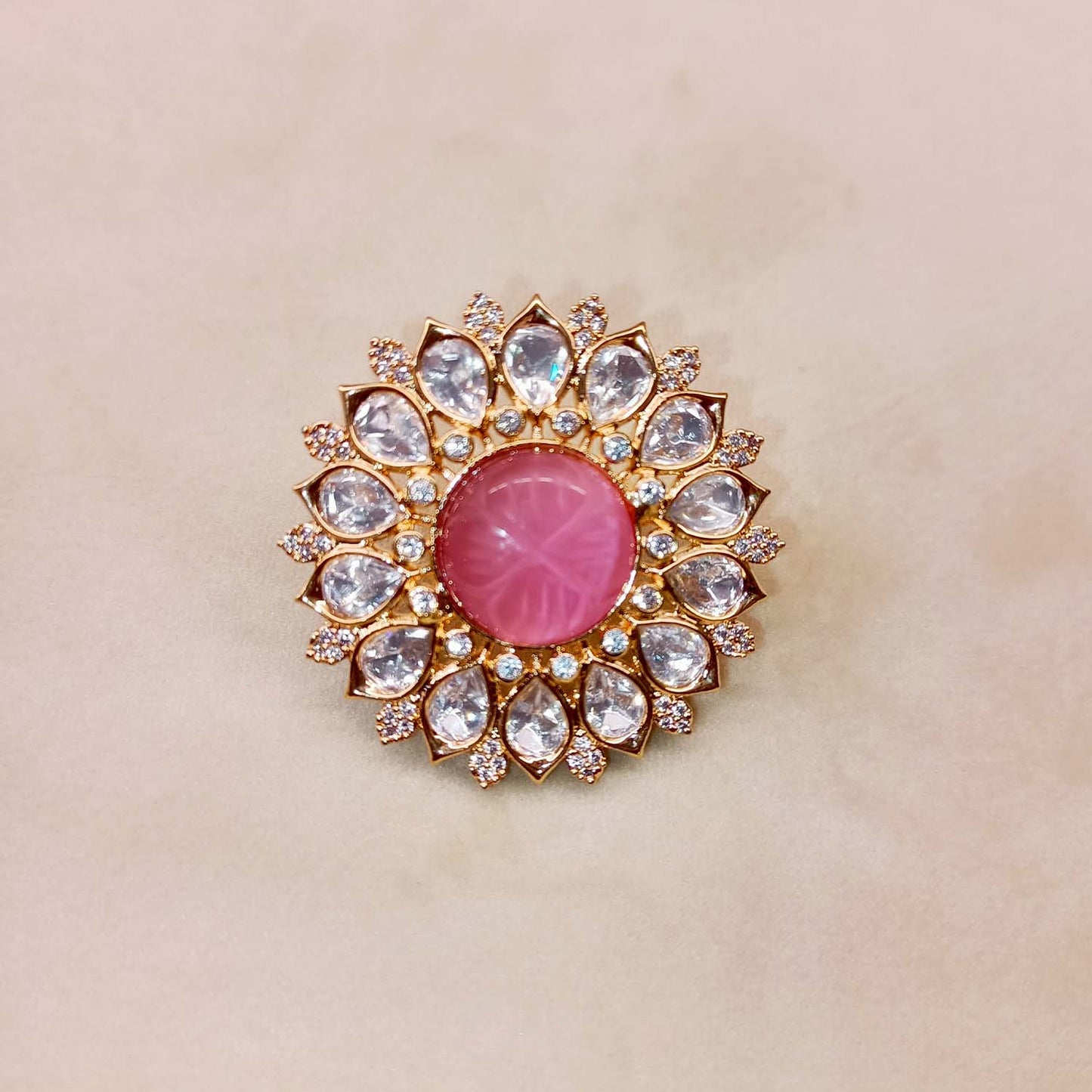 Binita Pink Stone Gold Plated Kundan Ring