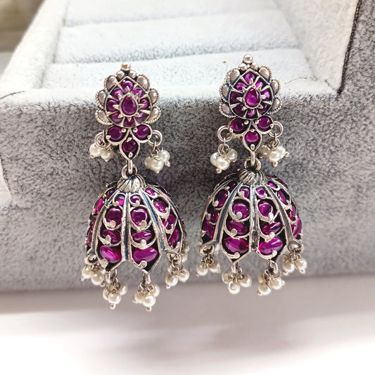 Manjari Silver Oxidised Ruby Jhumka
