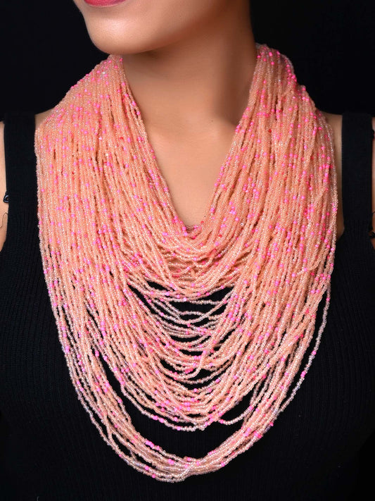 Raya Peach With Pink Beads Multi Layered Neck Piece