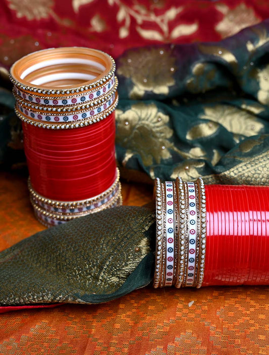 Lavanya Traditional Red Chura With Pearl Bangles And White Meenakari Bangle