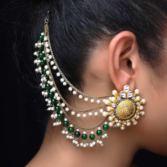 Manpreet Green Emerald Gold Plated Ear Chain