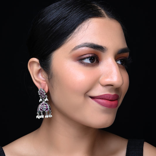 Manjari Silver Oxidised Ruby Jhumka