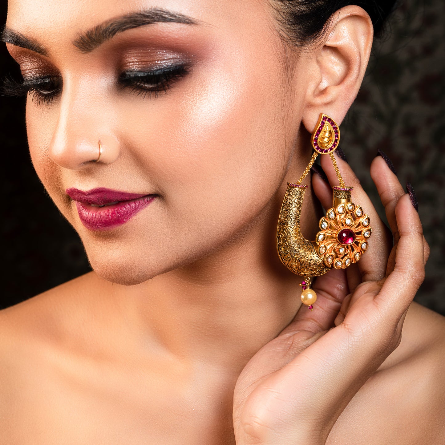 Akshara Majenta Antique Gold Plated Kundan Earrings