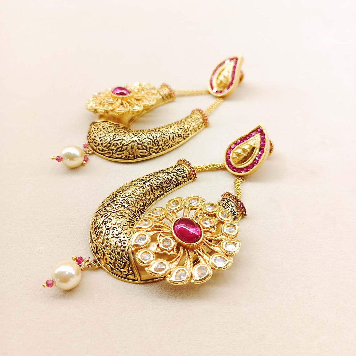 Akshara Majenta Antique Gold Plated Kundan Earrings