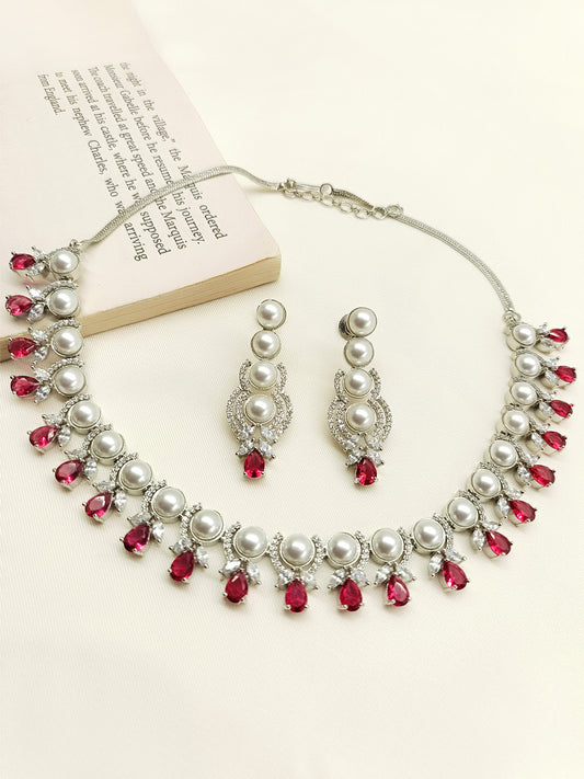 Leena Rose Pink American Diamond Necklace Set