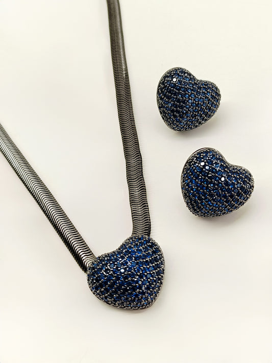 Yuvika Blue Sapphire Heart Shape Victorian Pendant Set
