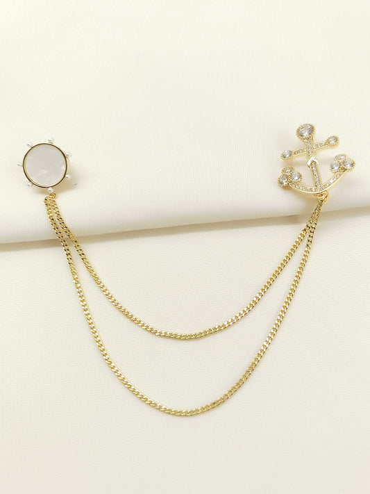 Sureeli Golden Anchor & Wheel Brooch Pin With Chain