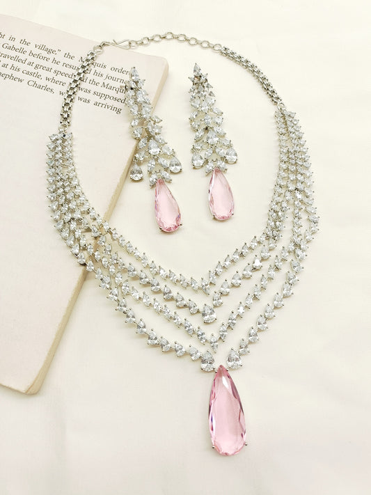 Bess Pink American Diamond Necklace Set