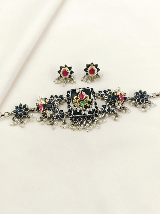 Shibu Blue Oxidized Choker Set