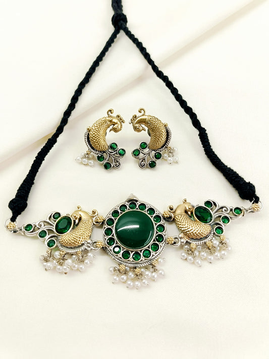 Jiya Green Oxidized Dual-Tone Peacock Choker Set