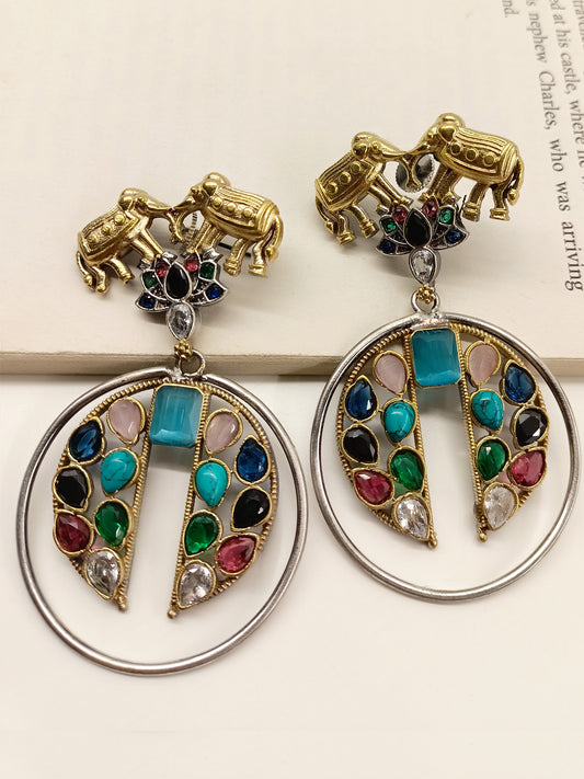 Sumona Multi Colour Elephant Oxidized Earrings