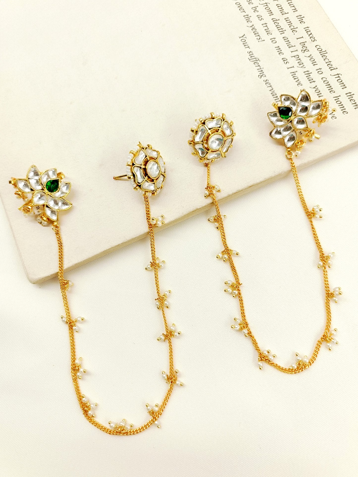 Afsana Green Kundan Earrings With Chain