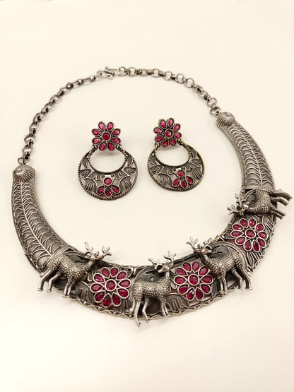 Cascade Ruby Deer Oxidized Necklace Set