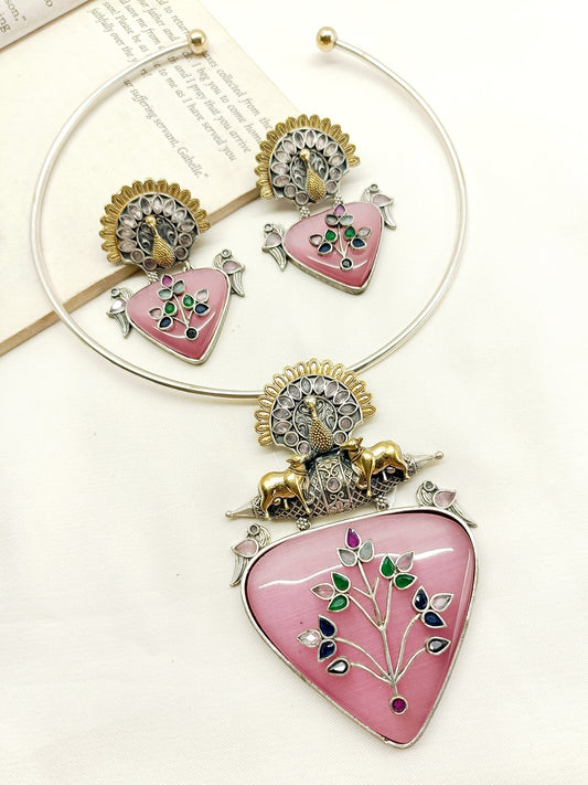 Gamini Pink German Silver Oxidized Hasli Style Necklace Set