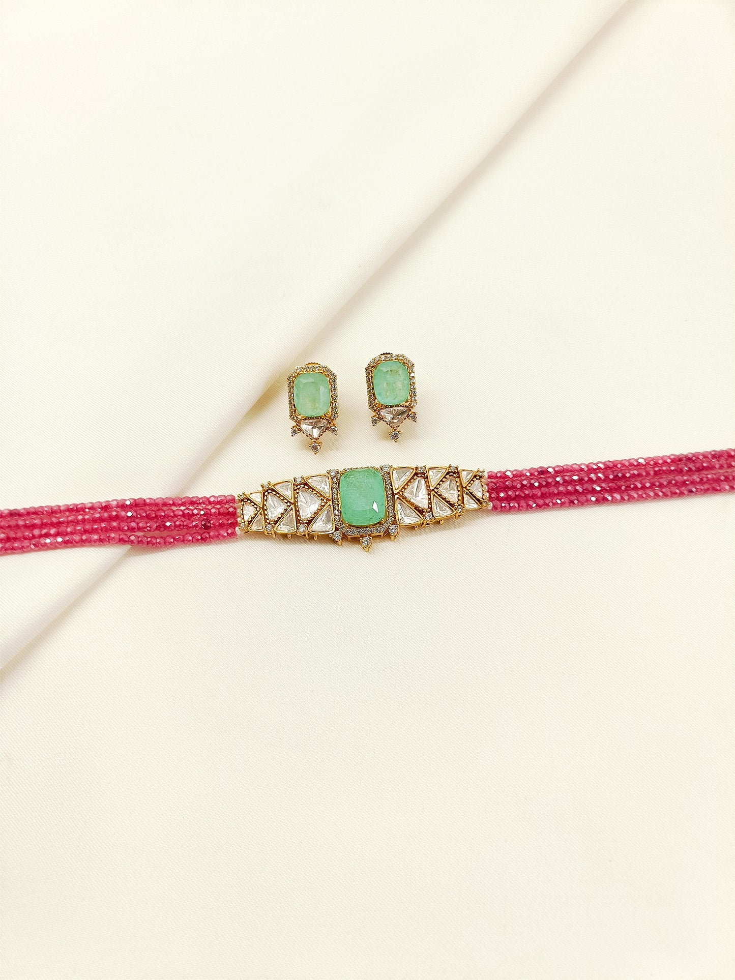 Naincy Mint Green & Pink Beaded Kundan Choker Set
