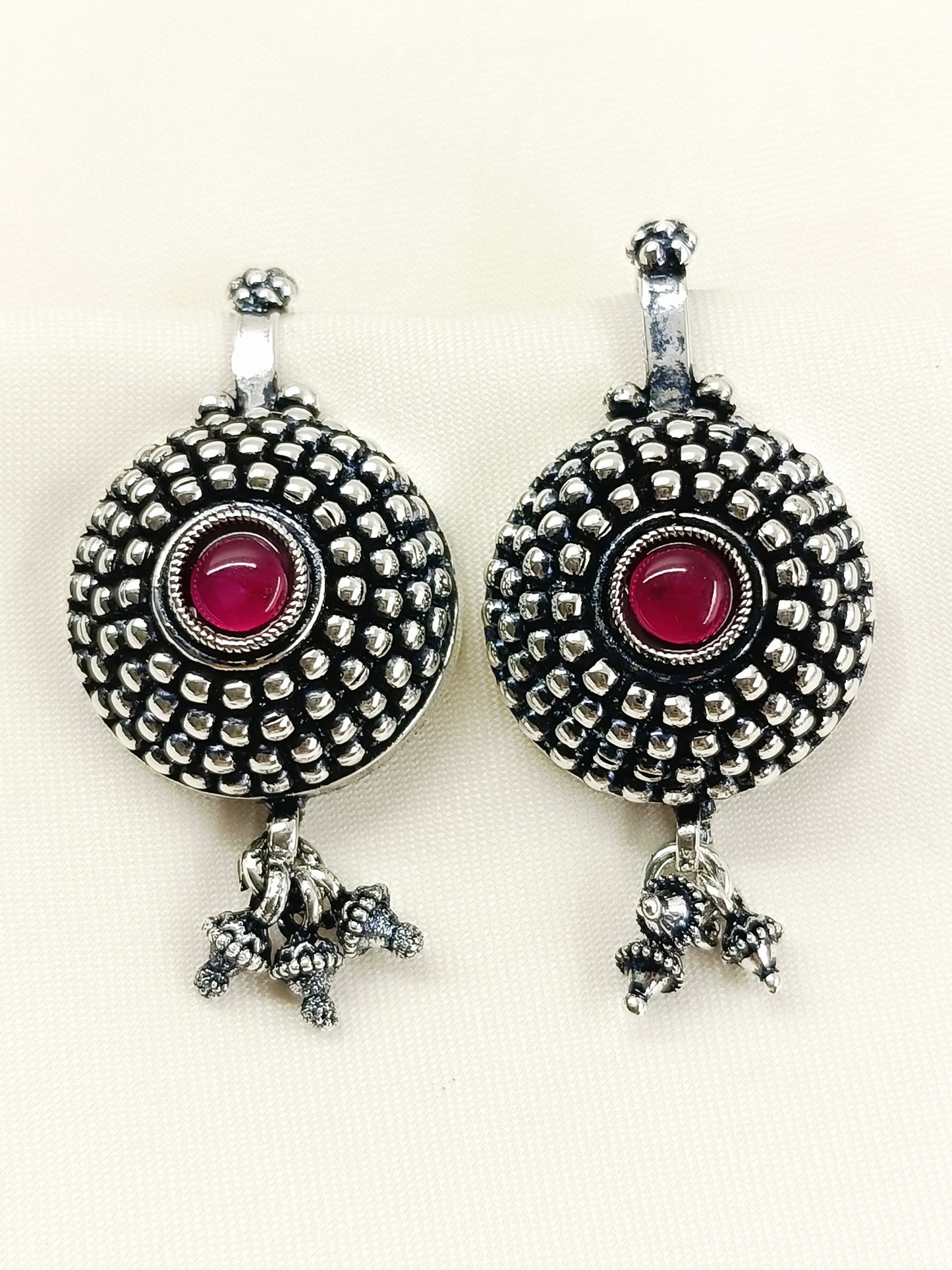 Anchal Oxidized Tribal Sunburst Ear Cuff with Ruby Pink Stone & Ghungroo