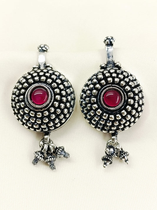 Anchal Oxidized Tribal Sunburst Ear Cuff with Ruby Pink Stone & Ghungroo