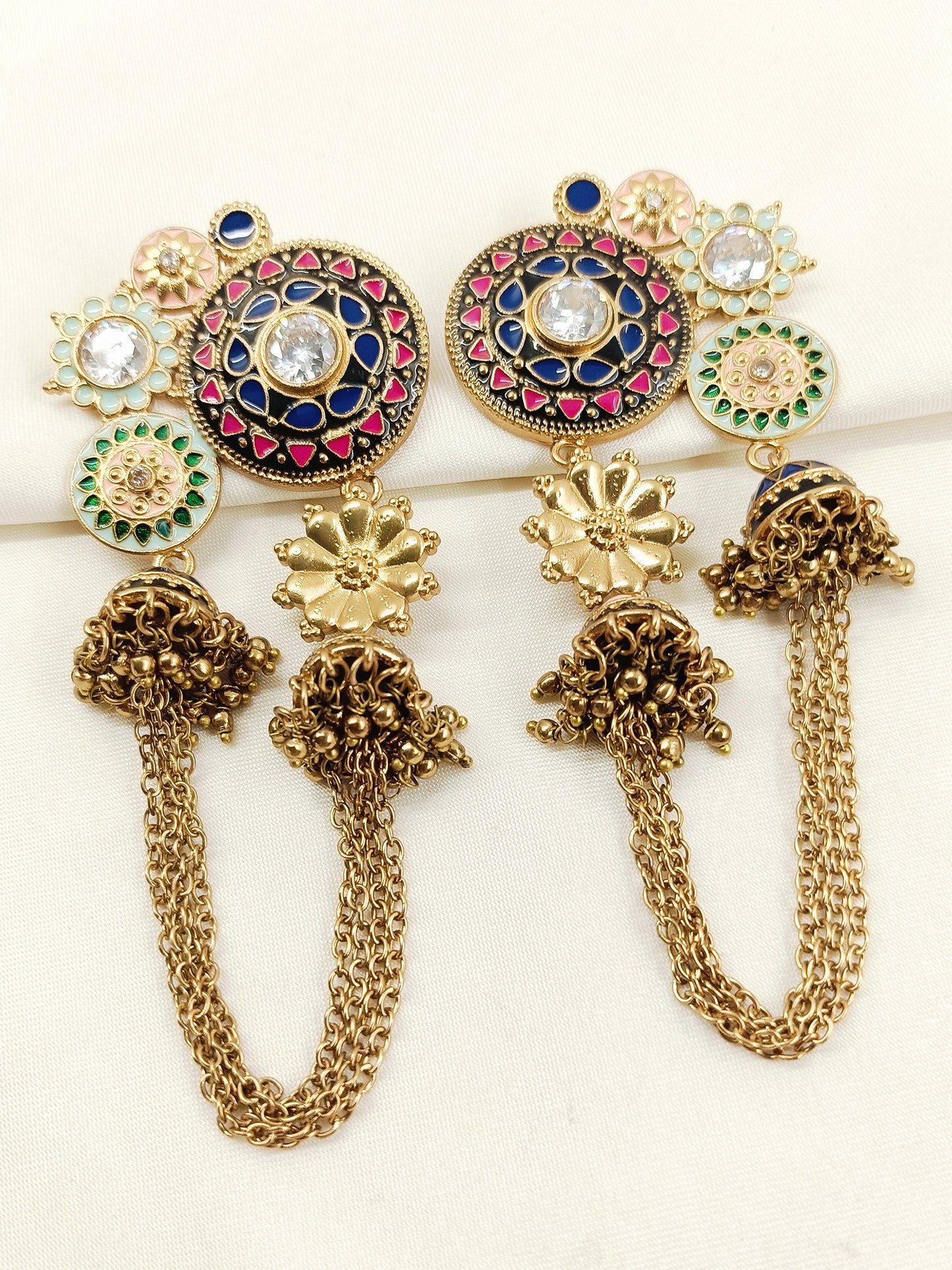 Tarasha Kashmiri Meenakari Chain Jhumka Earrings