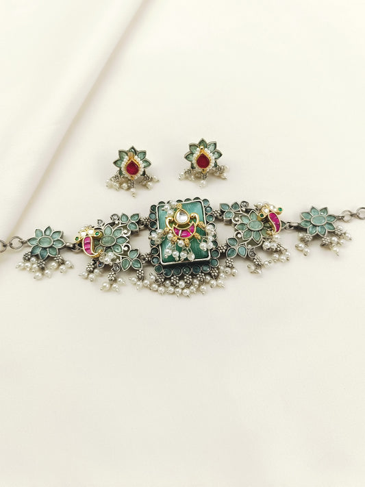 Vanshika Mint Green Oxidized Choker Set