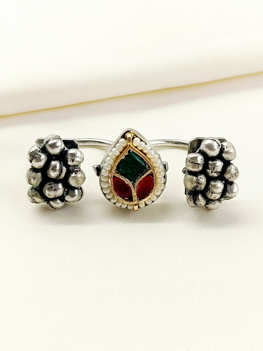 Kausalya Green Oxidized Dual-Finger Kundan Ghunghroo Ring