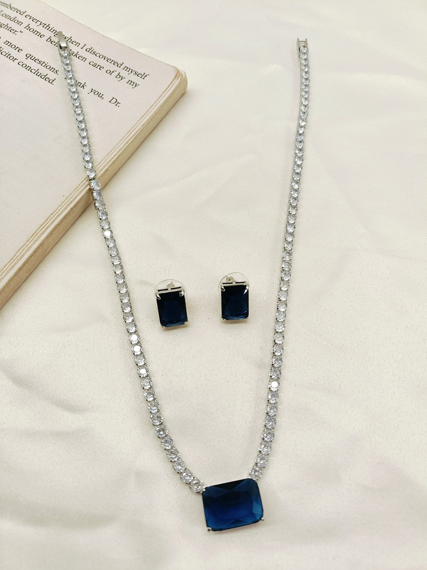 Asuee Blue Sapphire American Diamond Necklace Set