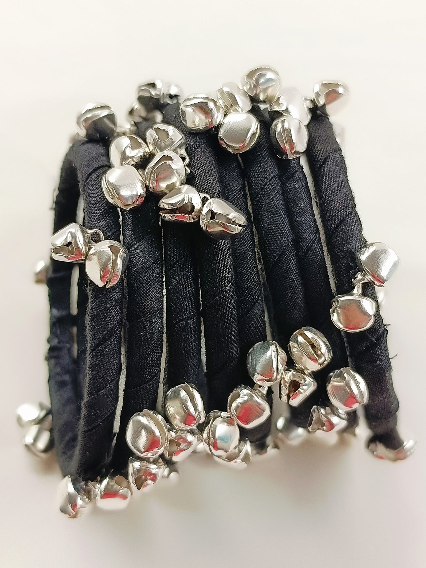 Zinal Black Cloth Bangles with Ghungroo | Handmade Fabric Churi Set of 8